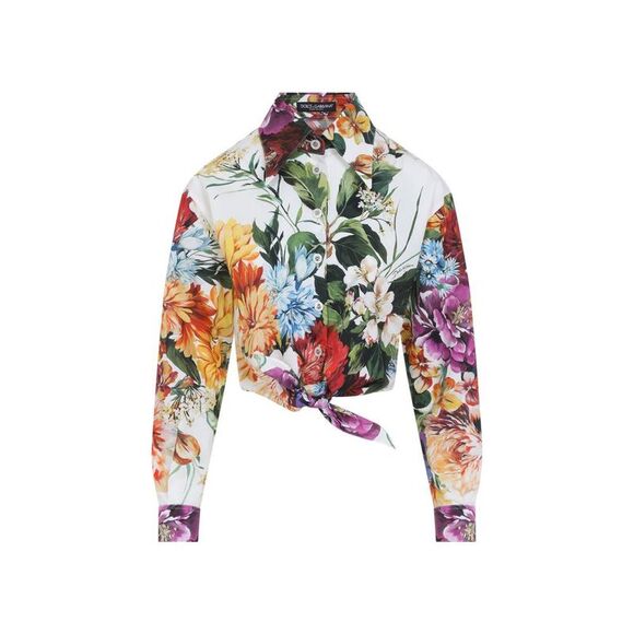 DOLCE & GABBANA Tops - DOLCE & GABBANA Floral Print Cropped Tie-Front Long-Sleeve Shirt Women
